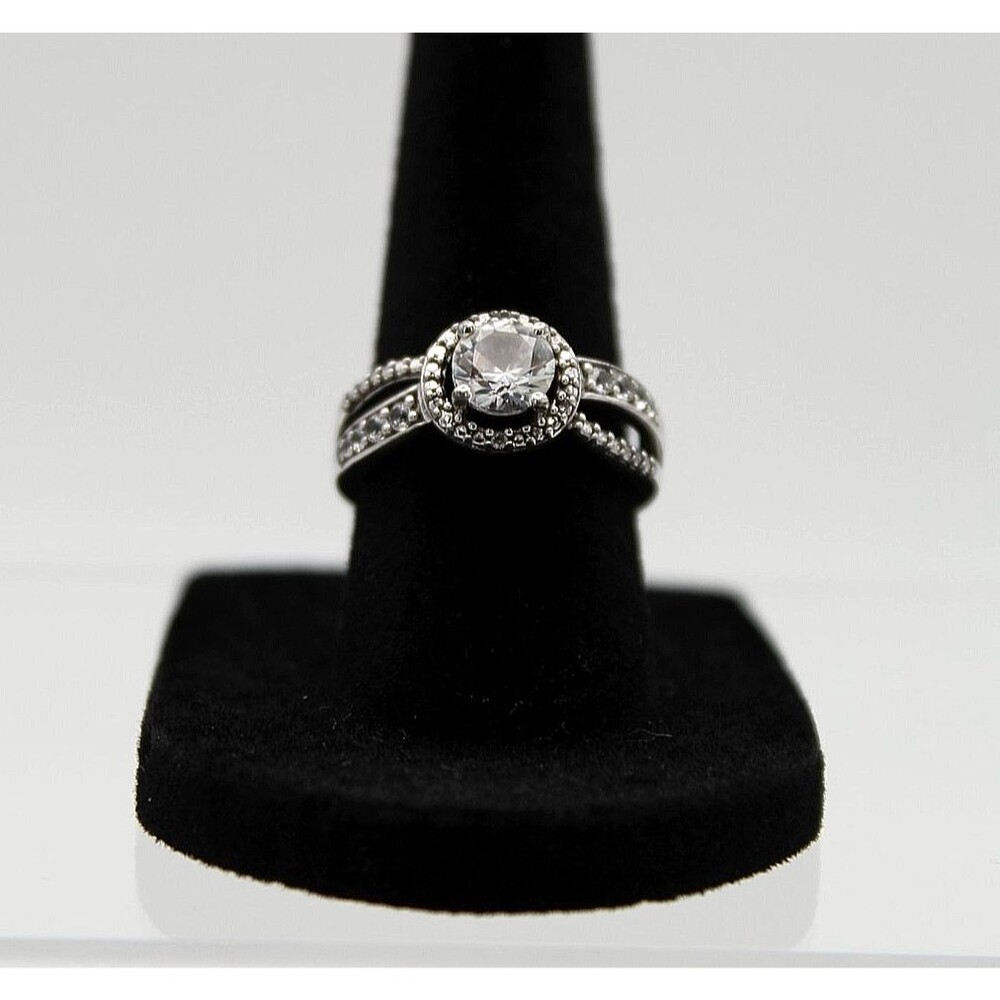 Silver Tone CZ Halo Ring Round Solitaire Pavรฉ Criss Cross Band Size 5.5